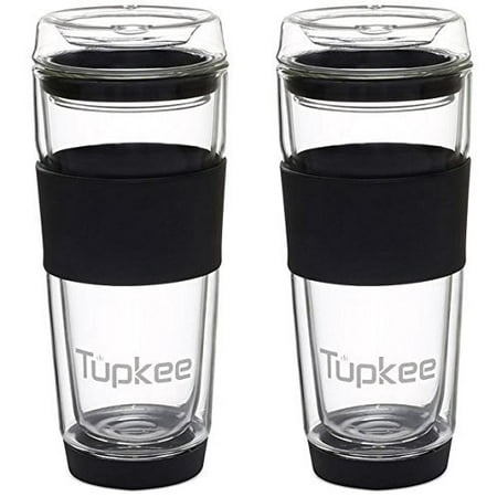 Tupkee Double Wall Glass Tumbler - Insulated Tea/Coffee Mug & Lid, Hand Blown Glass, 14-Ounce, Black - Pack of (Best Glass Tea Tumbler)