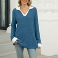 thumbnail image 3 of STETMN Women Sweaters Knit Long Sleeve Color Block Lapel V Neck Striped Tops Loose Blouses, 3 of 8