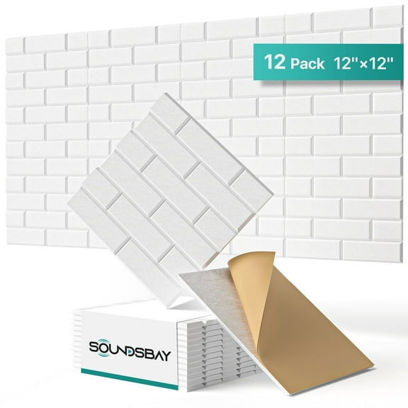 Soundsbay Acoustic Panels Sound Proofing Brick Self-Adhesive Soundproof Absorbing Noise Cancelling Wall Panels 12 Pack White 12'' x 12'' x 0.4''