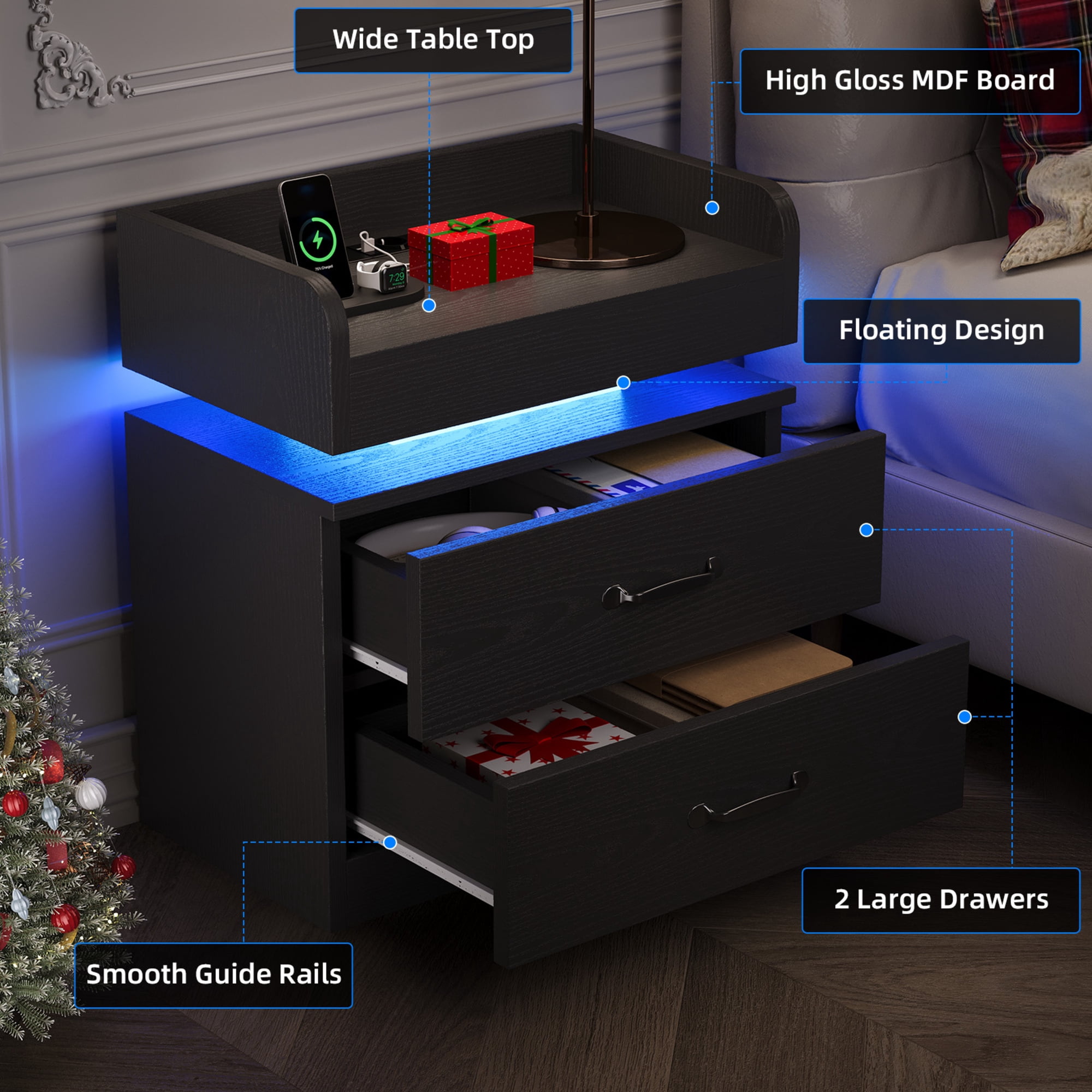 4 Ever Winner LED Nightstand, Modern Black Night Stand End Tables with Charging Station & LED Lighting, 2 Drawers, Open Shelf Storage, Bedside Tables for Bedroom & Living Room