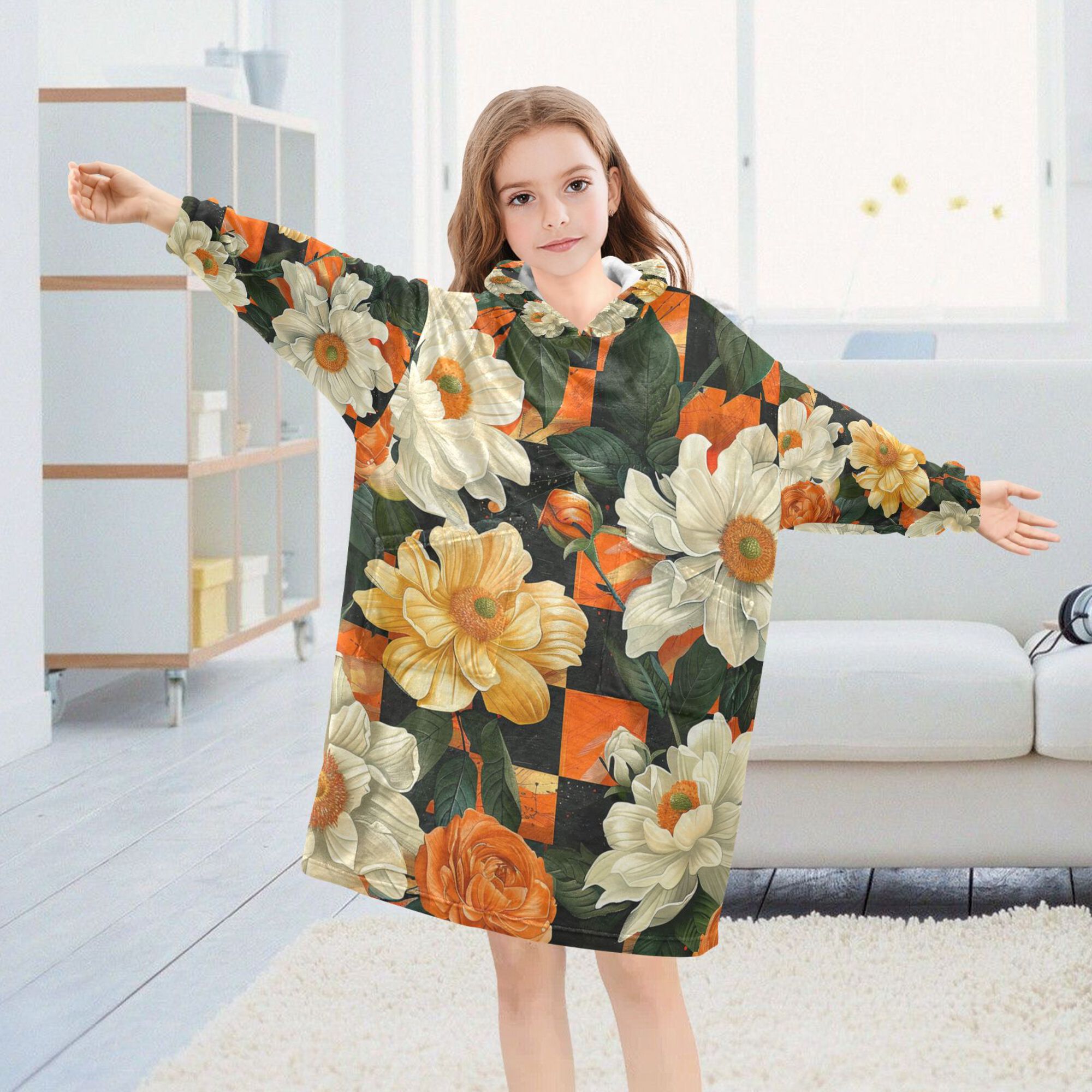 FORMRS Wearable Blanket Hoodie with Sleeves for Kids Cozy Flannel Sweatshirt, Bright Floral