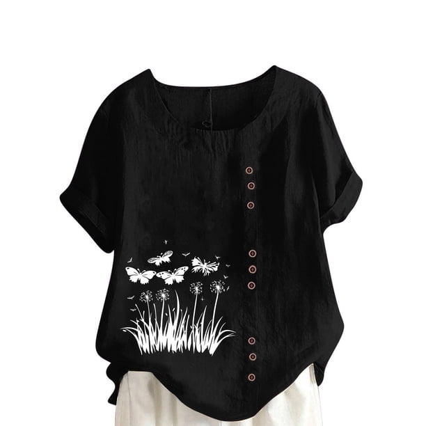 Vestidos Casuales Para Mujer, Blusas De Mujer De Moda Blusa informal de lino con cuello redondo, manga corta y botones para mujer