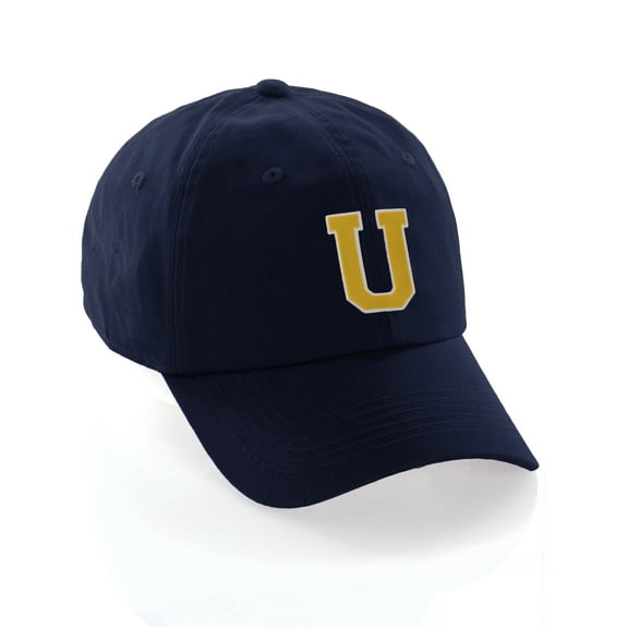 Customized Letter Intial Baseball Hat A to Z Team Colors, Navy Cap White Gold Letter U