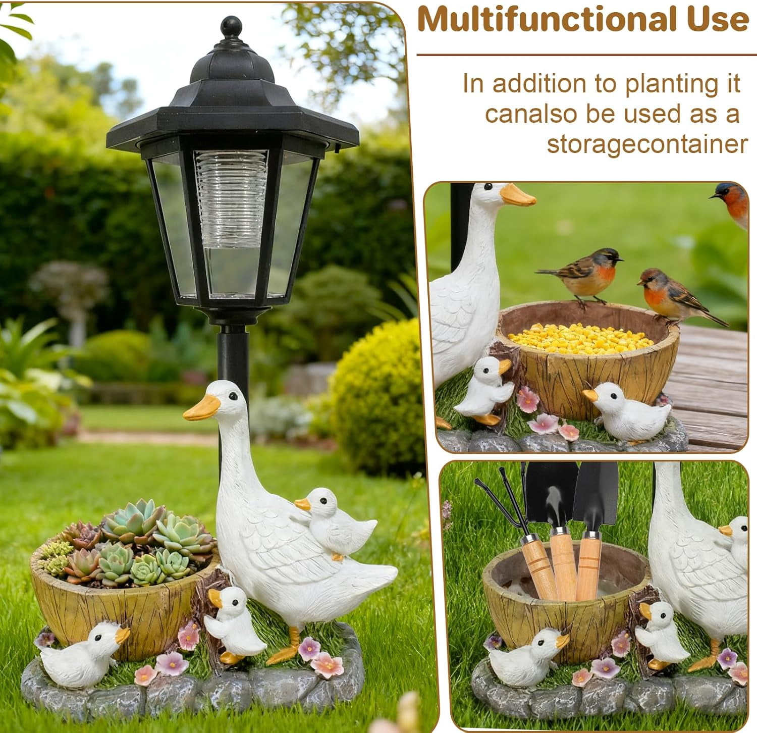 Fountwell Garden Duck Statues with Solar Lantern Flowerpot, Resin Duck Figurines Outdoor Decor – Patio Lawn Backyard Porch Ornaments, Unique Housewarming Birthday Gift for Women Mom