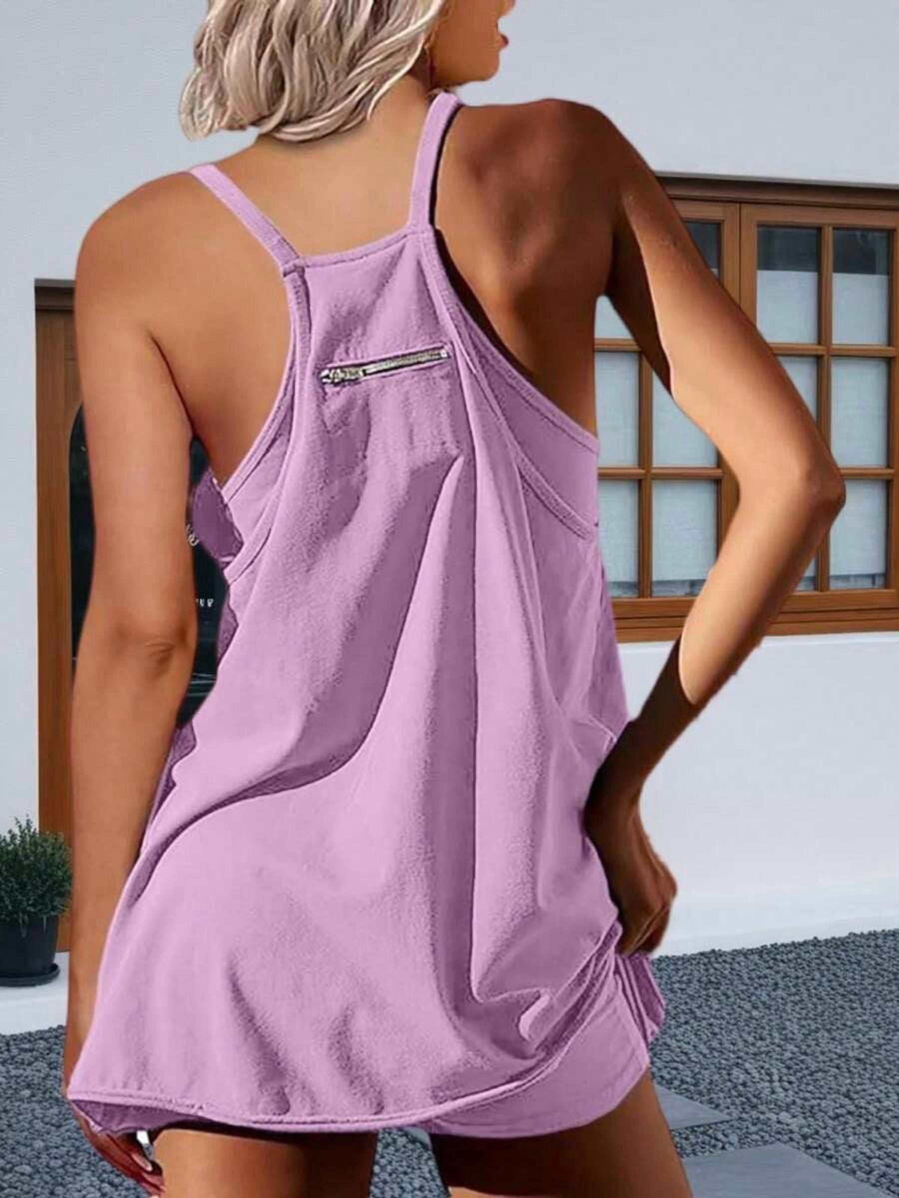 Purple Womens Sleeveless Athletic Tennis Mini Dress With Front Pockets For Workout And Summer