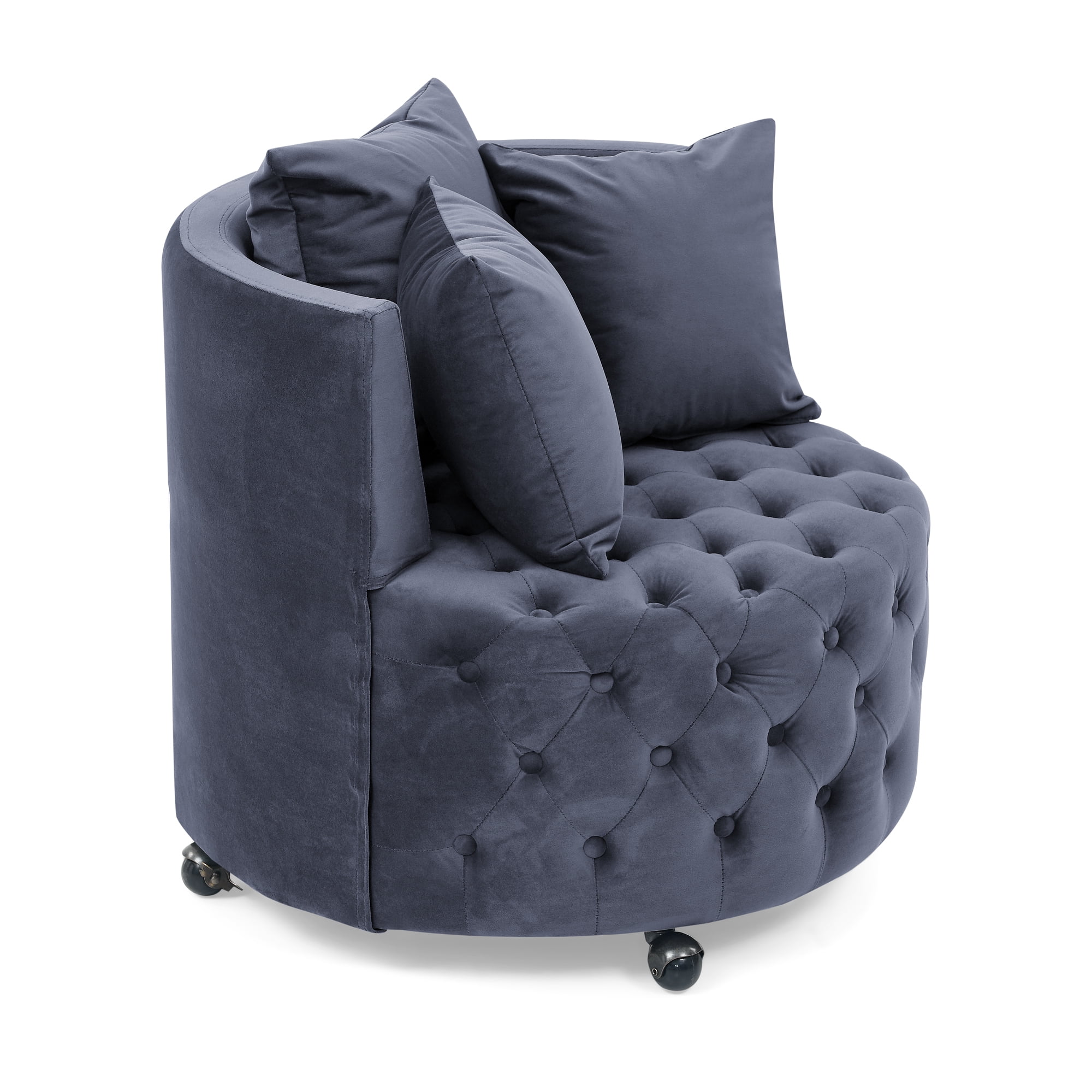 DEALTOPS Velvet Upholstered Swivel Chair for Living Room, with Button Tufted Design and Movable Wheels, Including 3 Pillows-Grey