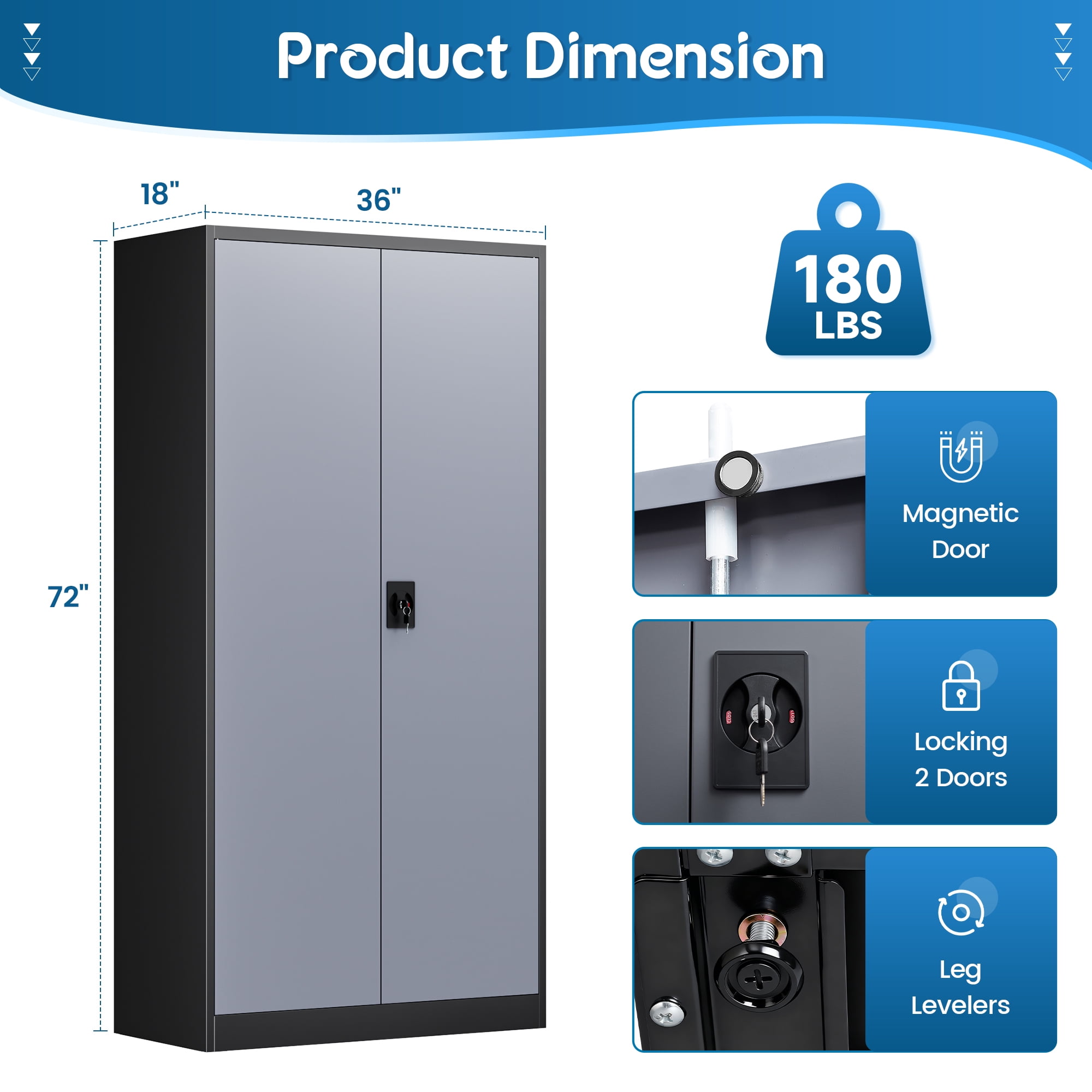 Fesbos Metal Garage Storage Cabinet,72" Tall Black Cabinet with 2 Doors and 4 Adjustbale Shelves,Lockable Tool Cabinet for Garage, Basement,Gym, Home Office