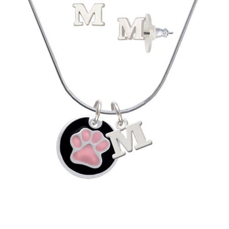 3/4 Pink Paw in Black Circle – M Initial Charm Necklace and Stud Earrings Jewelry Set