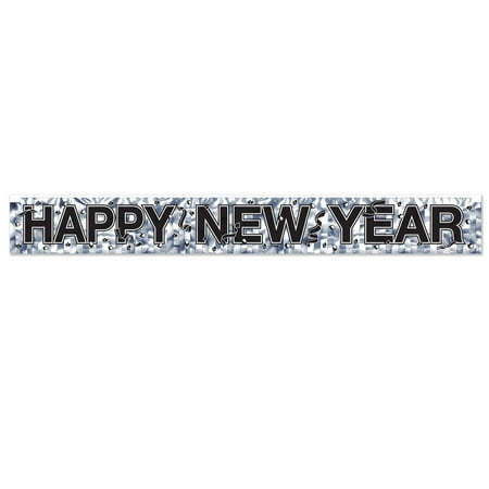 Happy New Year Metallic Fringe Banner, Silver, 7.5" x 5', (2/Pkg)