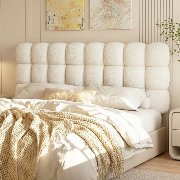 Pinmoco Queen Size Upholstered Headboard with Adjustable Height, Memory Foam Cloud-Shaped Ergonomic Design, Teddy Fleece Beige