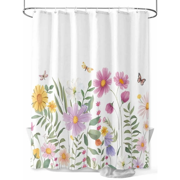 Fsddascl Botanical Floral Shower Curtain Set - 54" x 78" Washable Bathtub Curtain with 12 Hooks, Spring Colorful Flowers Butterfly Waterproof Fabric Stall Shower Curtains for Bathroom/Bathtub Décor