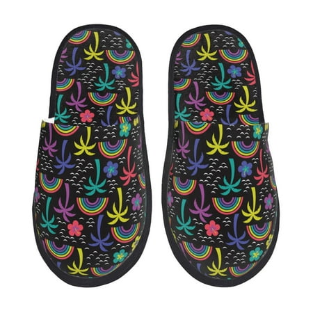 Balery Colorful Palms Slient Indoor Furry Fleece Comfort House Shoes Soft Non-Slip Home Shoes Cotton slippers House Slippers-- Large