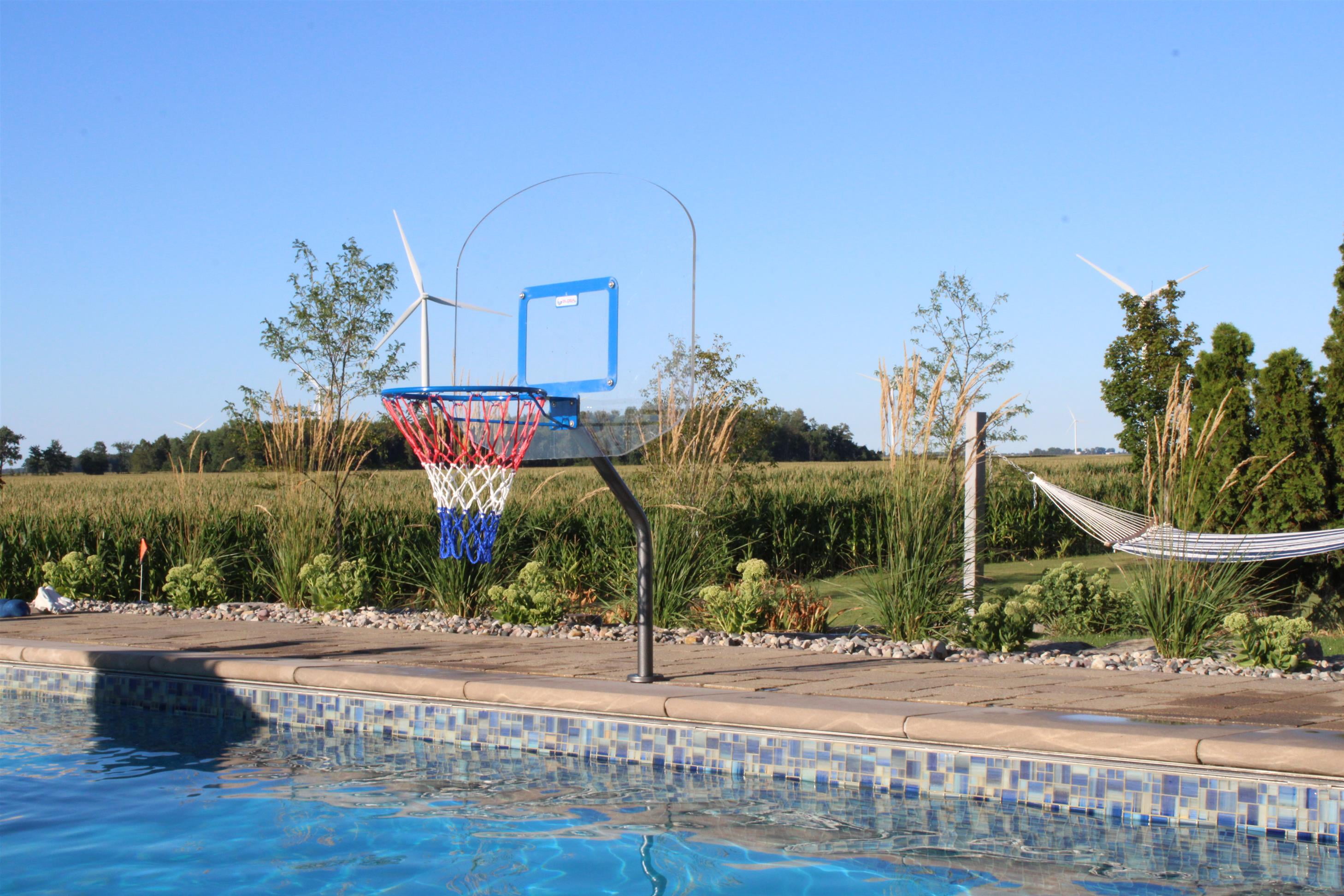 Global Pool Products Heavy Duty 12" Basketball Hoop Set - Stainless Steel Frame - Offset with Net & Ball No Anchor