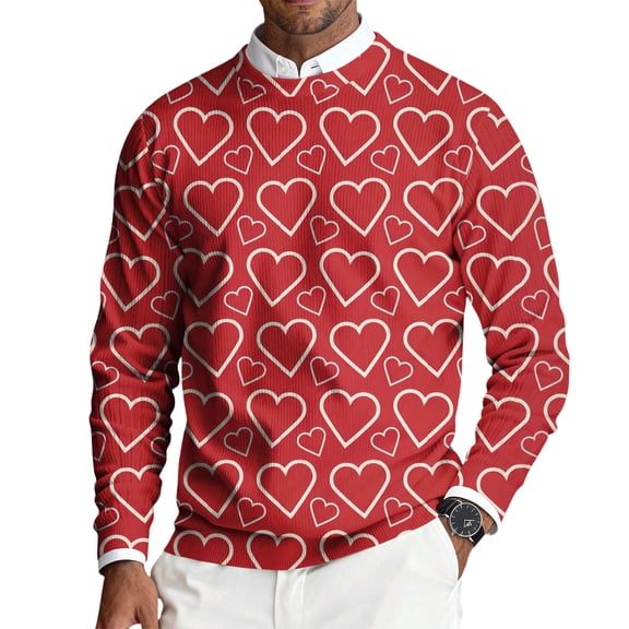 QHRMKOG Valentine's Day Sweater for Men Romantic Heart Graphic Pullover Relaxed Fit Long Sleeve Round Neck Sweaters Autumn Fashion Top Pink 3XL