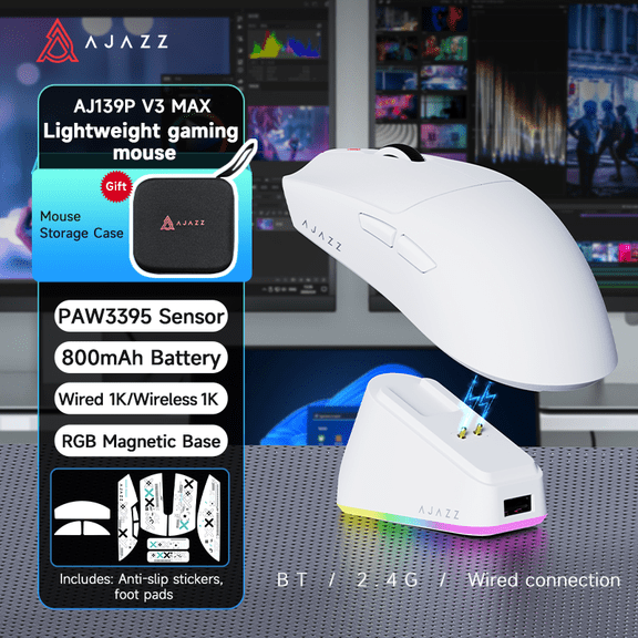 AJAZZ AJ139P V3 MAX Tri-Mode Wireless Gaming Mouse, PAW3395 Sensor, 69g Lightweight with RGB Magnetic Charging Dock