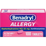 Benadryl Ultratabs Antihistamine Allergy Relief Medicine, Diphenhydramine HCl Tablets for Relief of Cold & Allergy Symptoms Such as Sneezing, Runny Nose, & Itchy Eyes & Throat, 100 ct
