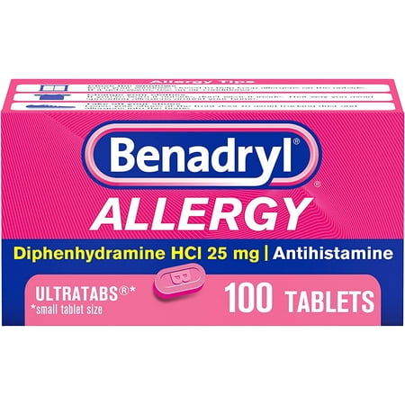 Benadryl Ultratabs Antihistamine Allergy Relief Medicine, Diphenhydramine HCl Tablets for Relief of Cold & Allergy Symptoms Such as Sneezing, Runny Nose, & Itchy Eyes & Throat, 100 ct