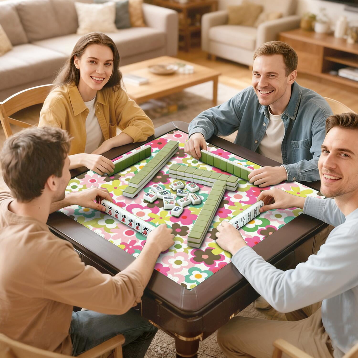 Floral Style Mahjong Tile Mat 31.5 Inch Square Rubber Construction Offers Non-Slip Grip and Sound Reduction for Games