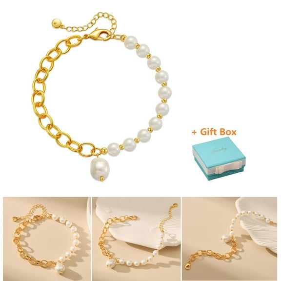 Imitation Pearl Bracelet 18K Gold Plated O-shaped Link Chain Bracelet with Adjustable Golden Clasp & Jewelry Box, Gold