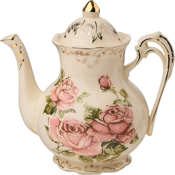 ACDANC Floral Teapots,29 oz (3 Cup) Ivory Vintage Ceramic Pink Rose Teapot with Gold Leaves Edge,Gifts for Women