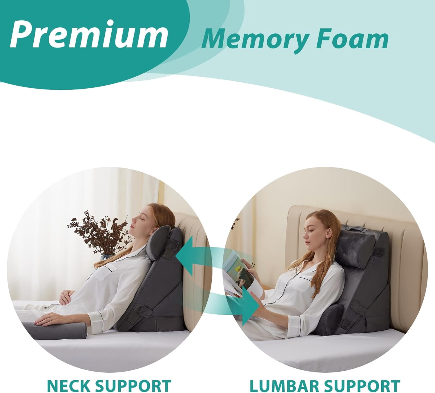 Adjustable 4-Piece Memory Foam Bed Wedge Pillow Set for Back, Neck, Leg Pain Relief, Sleeping, Sitting Up, Acid Reflux and GERD, White and Grey