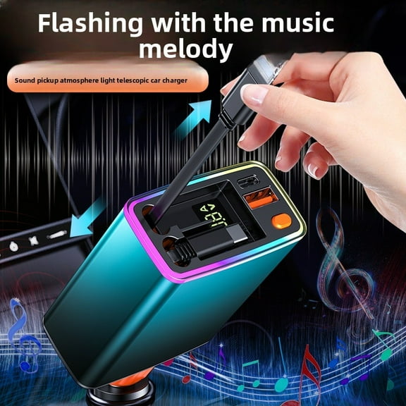 120W USB C Fast Car Charger with PD Quick Charge, Multi Port Cigarette Lighter Car Charger Adapter with Retractable Cable, LED Music Ambient Light, for iPhone and Android