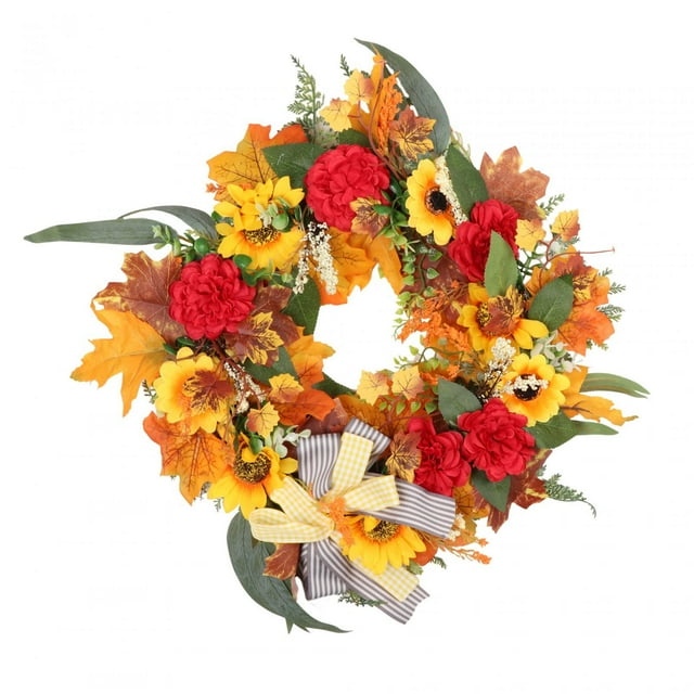 Couronne de Tournesols Décorations d'Automne Feuilles d'Érable Couronne de Récolte pour L'action de Grâce