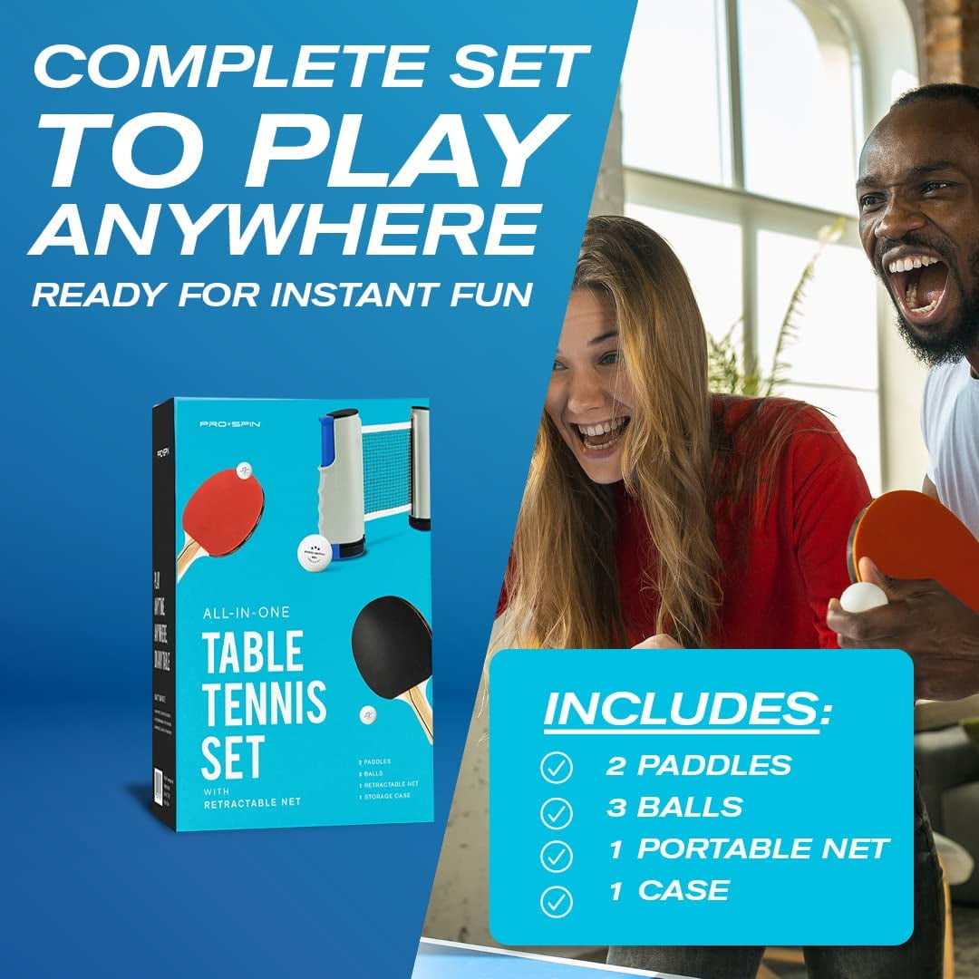 PRO-SPIN All-in-One Portable Ping Pong Set with Retractable Net, High-Performance Ping Pong Paddles, 2-Player Set, Indoor & Outdoor Game