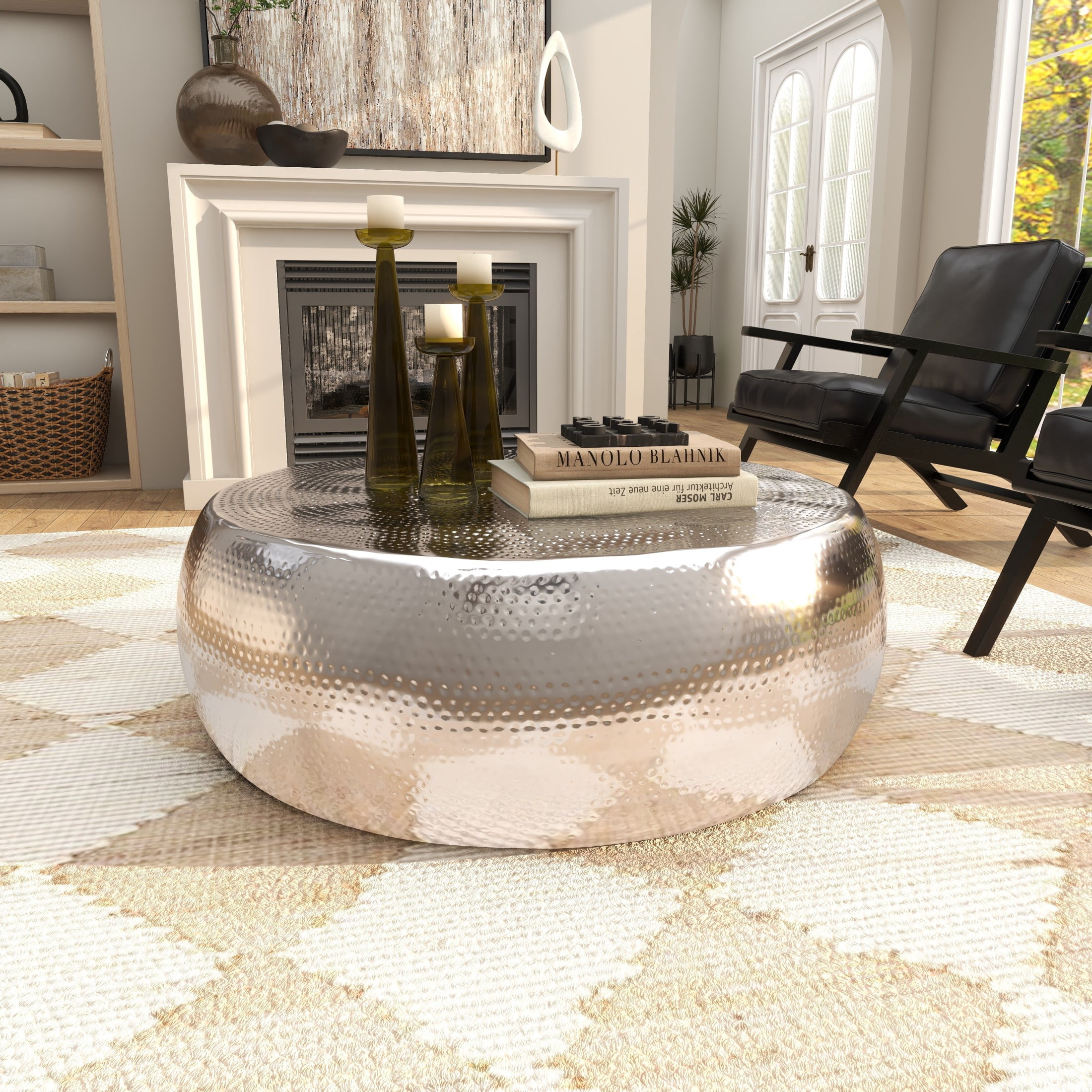 DecMode 42" x 14" Silver Aluminum Metal Coffee Table with Hammered Design, 1-Piece
