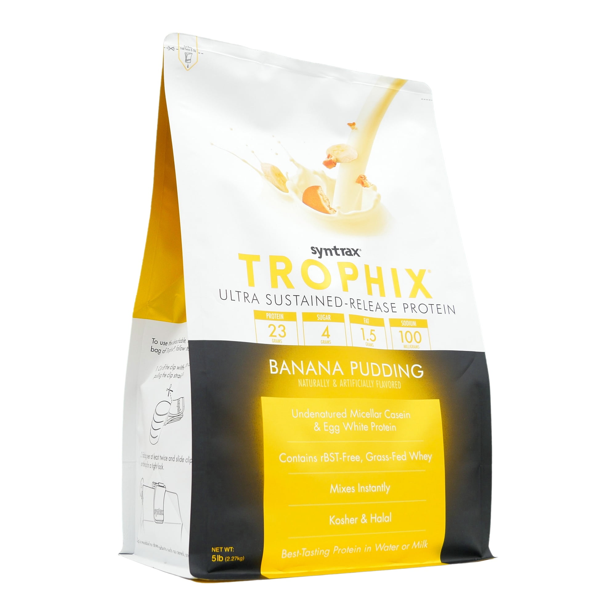 Syntrax Nutrition Trophix, Banana Pudding 5 lbs. Ultra Sustained-Release Protein Powder Blend, offers a Rich & Creamy Flavor