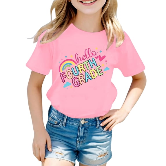 School Uniform Tshirts Girls Casual Letter Print Tee Short Sleeve Round Neck Top Girls Tshirts Light Pink 3-4 Years