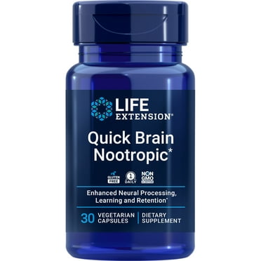 Life Extension Quick Brain Nootropic, fast thinking, learning, concentration, lutein, zeaxanthin, gotu kola, bacopa, gluten-free, non-GMO, vegetarian, 1 daily, 30 capsules