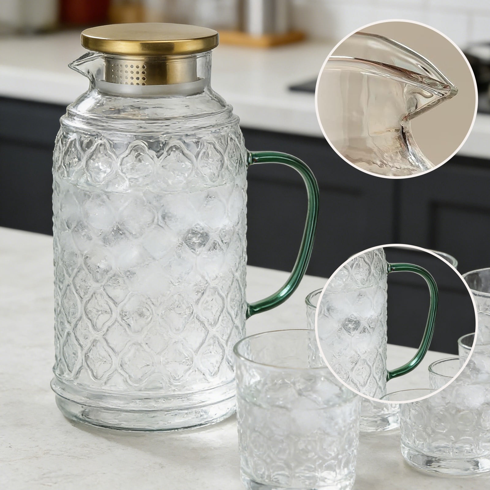 COM1950s Glass Water Pitcher, Large Capacity 2000ml Borosilicate Glass Iced Tea Pitcher, Heat Resistant Water Carafe with Filter Lid, Refrigerator Safe Drink Dispenser for Home Kitchen and Party