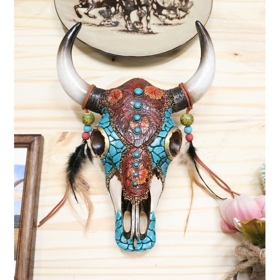 Southwest Tooled Leather Cow Skull With Turquoise Gems And Feathers Wall Decor