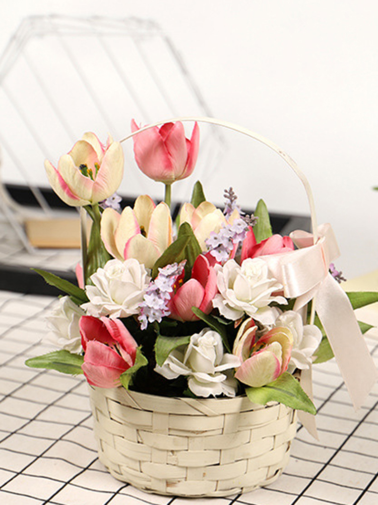 Tulip Bamboo Basket Artificial Flower Small Bouquets Valentine's