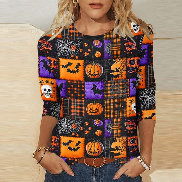 RKSTN Fall Outfits for Women 3/4 Length Sleeve Womens Tops Halloween Print Oversize Crew Neck T-Shirt Tops Ladies Halloween Graphic Round Neck Loose Fits Plus Size Three Quarter Sleeve Shirts