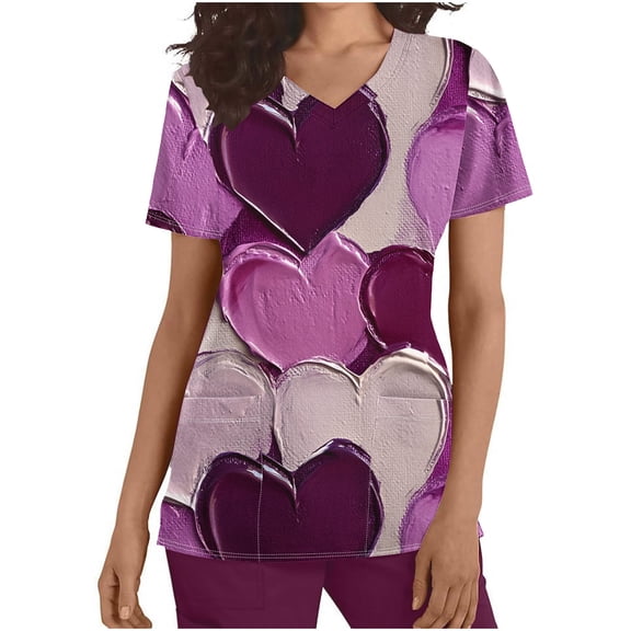 FNFYFH Scrub Tops Women V Neck Nurse Uniforms Cute Love Print Scrubs with Pockets Valentines Day Gifts