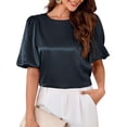 thumbnail image 2 of Women'S Satin Silk Blouses Puff Short Sleeve Dressy Casual Tops Loose Fit Crew Neck Cropped Shirts Navy Blue XL, 2 of 10