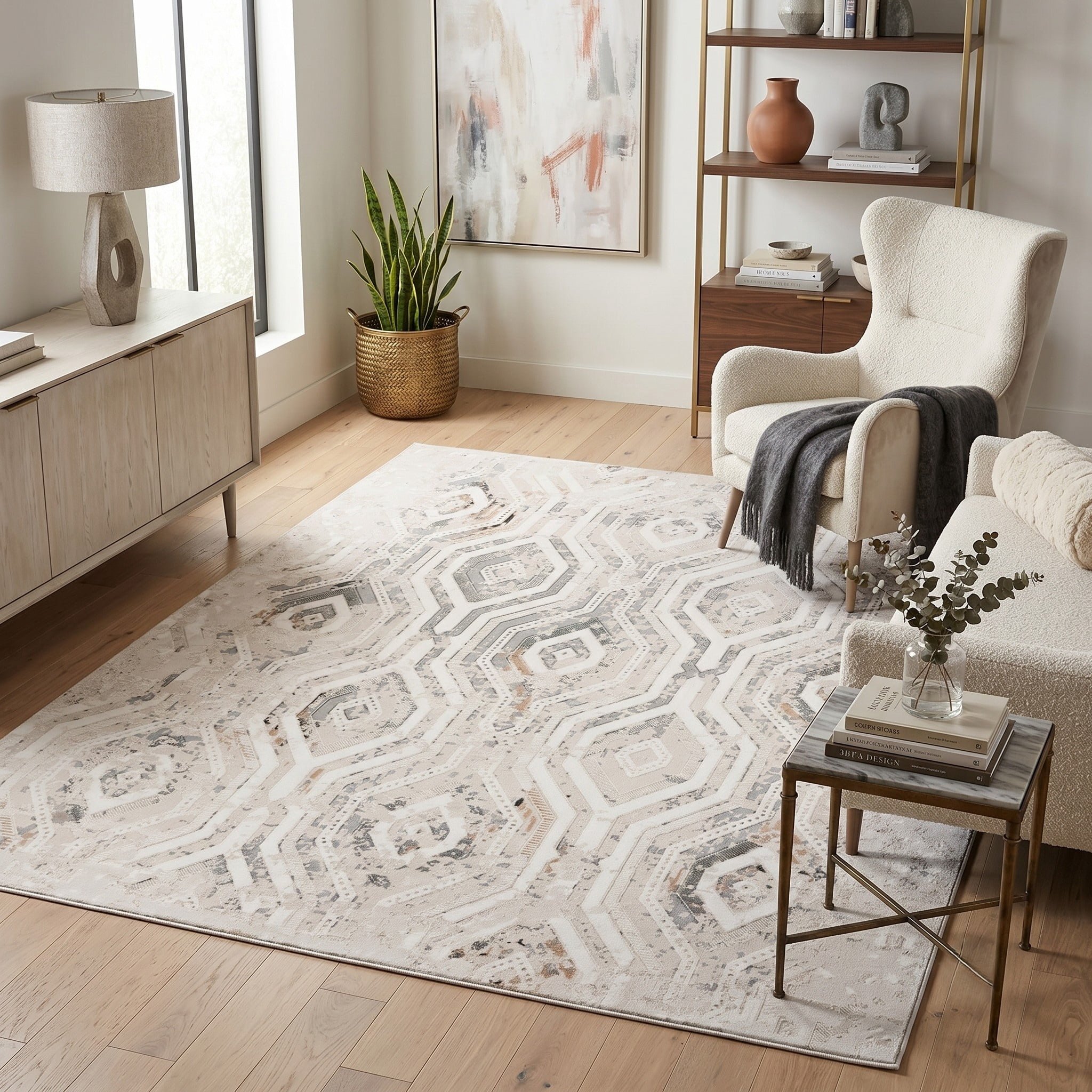 LR Home Martha Fel Gray/Cream Contemporary Geometric Polyester Area Rug, 7'10" x 9'10"