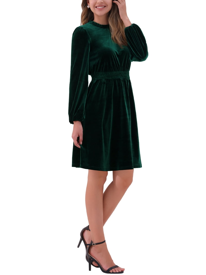 Inspire Chic Women's Velvet Dresses Smocked Waist Long Sleeve Wedding Guest Dress XS Green