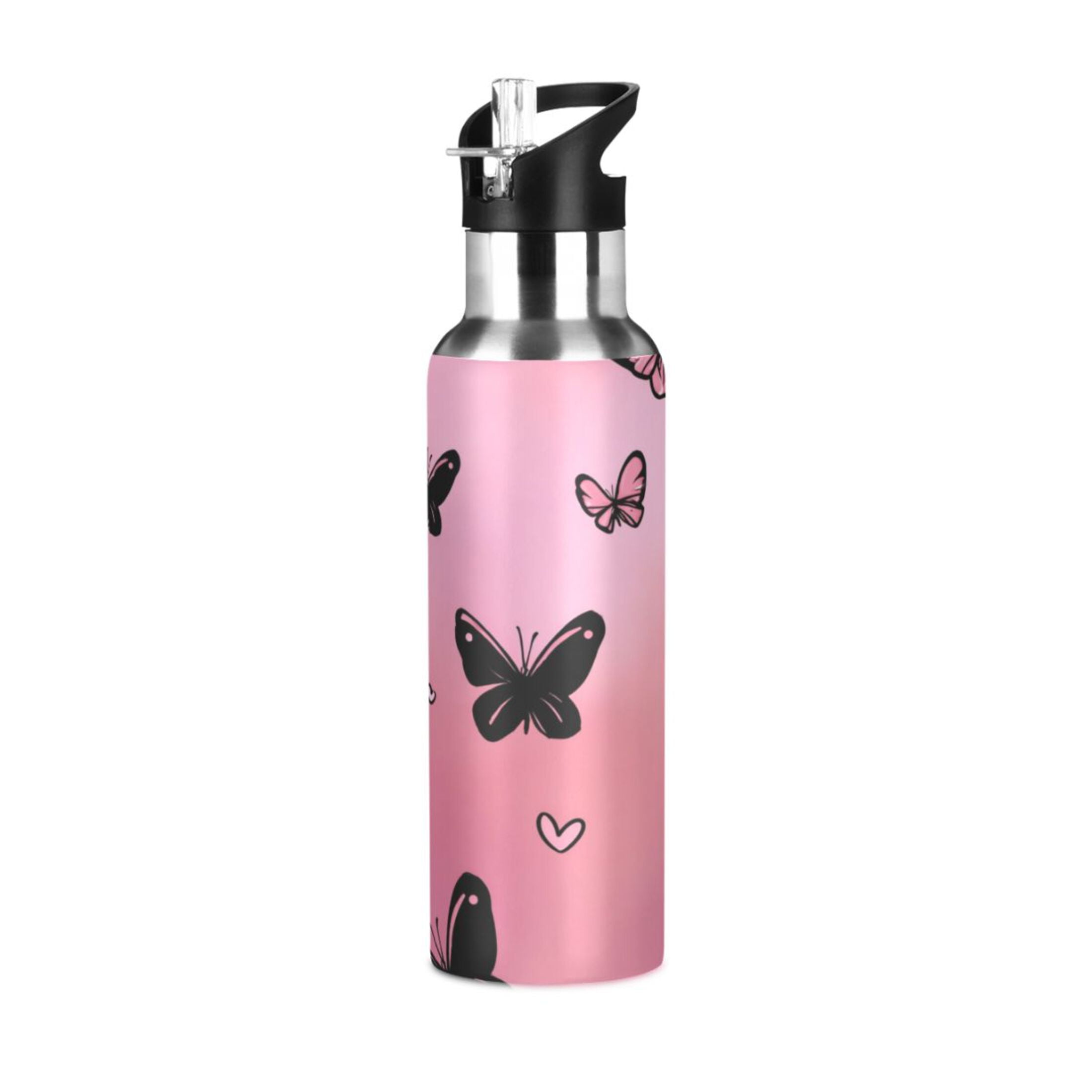Iauyy Stainless Steel Double-Wall Vacuum Insulated Water Bottle with Straw-600ml&1000ml BPA-Free Leak-Proof for Travel Workouts Outdoor,Heart-shaped Gradient Effect