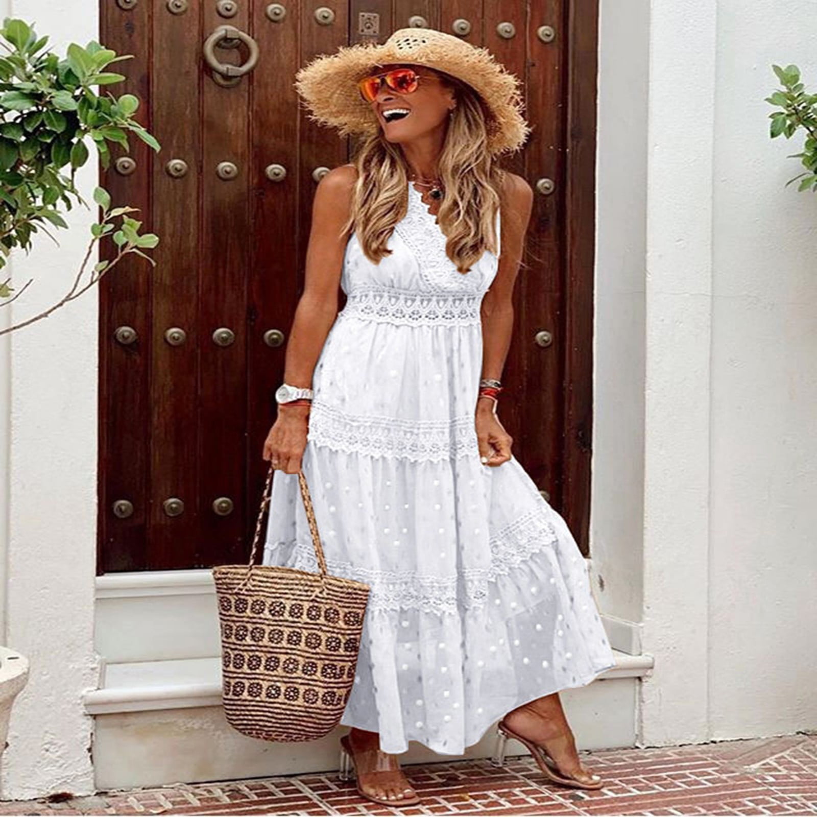 Ierhent Casual Dresses for Women Women Floral Embroidered Dress Long Puff Sleeve Square Neck Bohemian Flowy Dress with Pockets(White,XL)