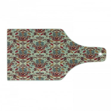 Hamsa Cutting Board, Ornamental Pattern Colorful Sketch Design, Decorative Tempered Glass Cutting and Serving Board, Wine Bottle Shape, Multicolor, by Ambesonne