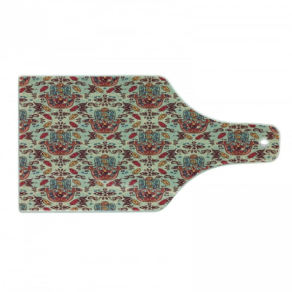 Hamsa Cutting Board, Ornamental Pattern Colorful Sketch Design, Decorative Tempered Glass Cutting and Serving Board, Wine Bottle Shape, Multicolor, by Ambesonne