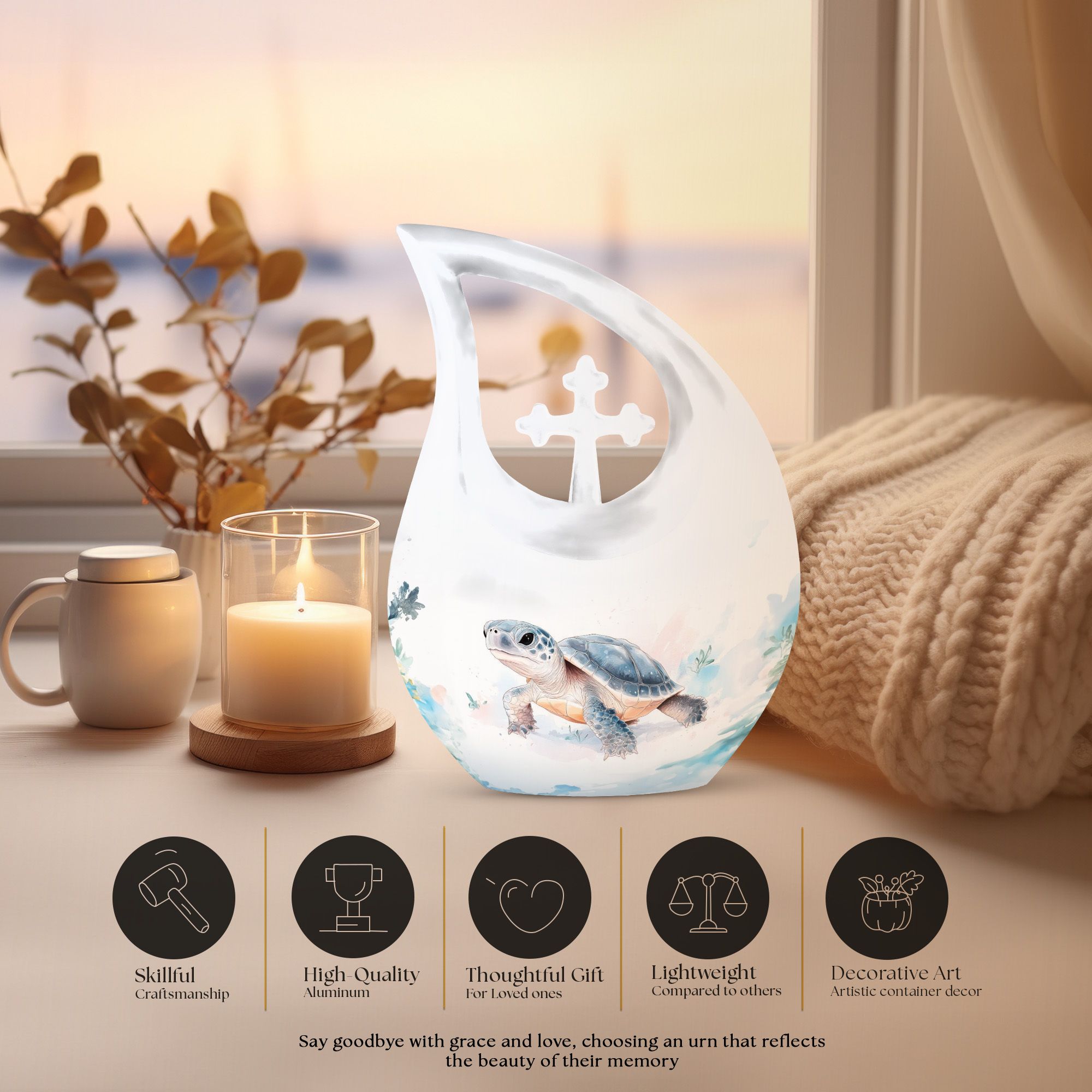 MUKTIVE Tortoise Memorial Large Urns for Human Ashes - Tear Drop Urns for Human Ashes - Large Adult Cremation Urn - White Funeral Decorative for Female & Male - 10 Inch