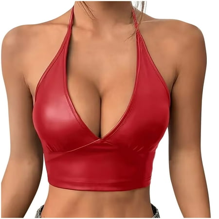 Hvot&aat Women s Sexy Imitation Patent Leather Deep V-neck Lingerie Tops Metallic Shiny Bodysuit Tank Tops for Night Club Going Out