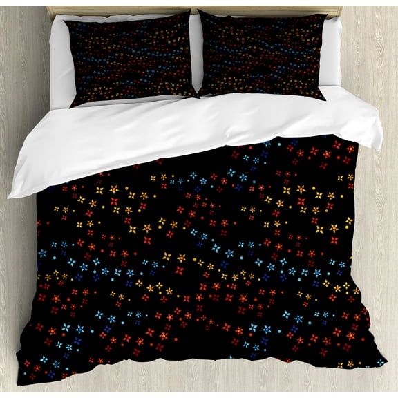 Dark Blue Duvet Cover Set, Vibrant Colorful Stars and Flowers in the Dark Space Spring Inflorescence, Decorative 3 Piece Bedding Set with 2 Pillow Shams, Calking Size, Multicolor, by Ambesonne