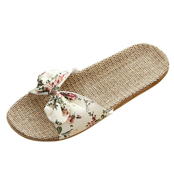 Women's Open Toe Flat Sandals Bow Knot Slides Straw Slip On Slippers Boho Summer Beach Sandals
