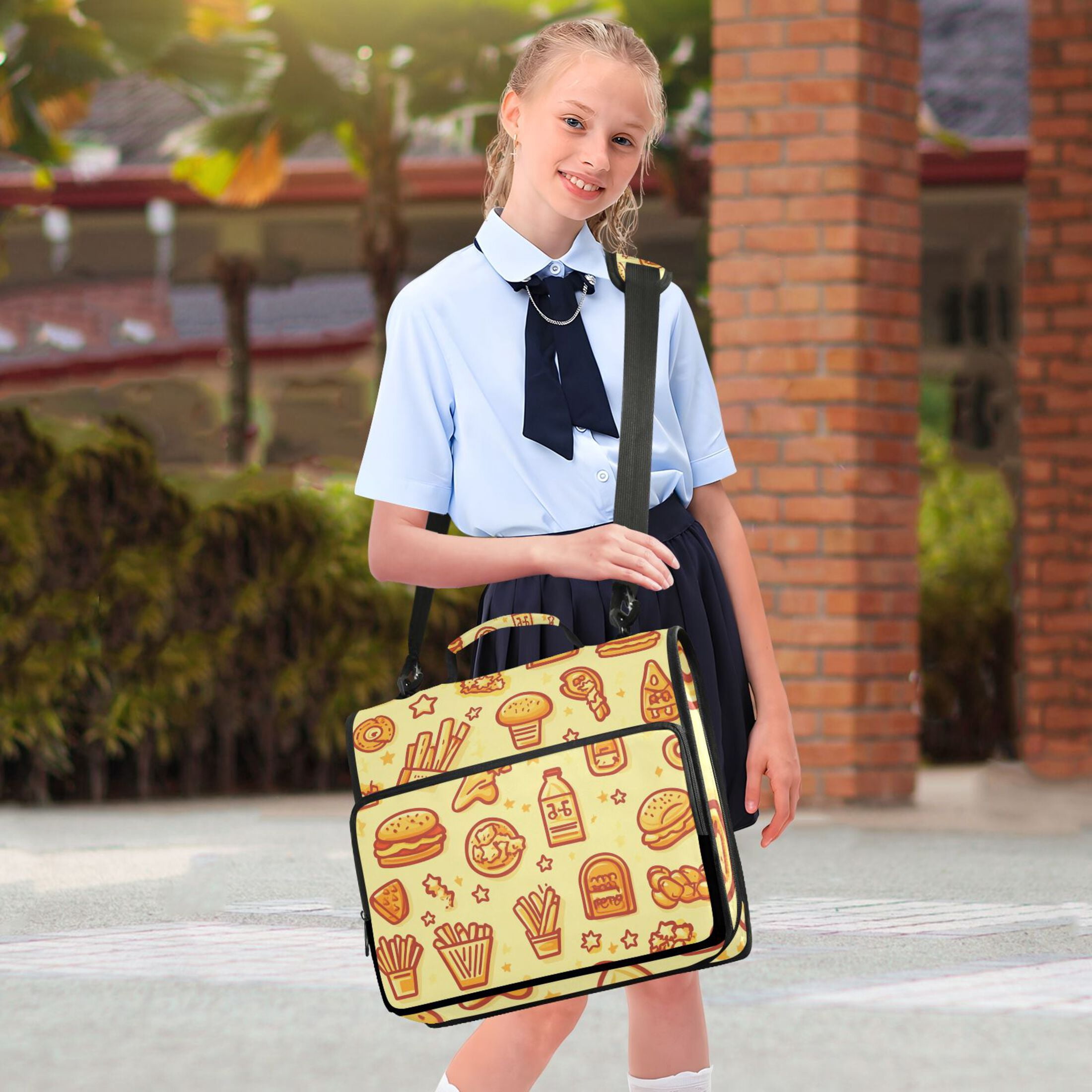 3 Ring Zipper Binder with Shoulder Strap Waterproof Trapper Keeper 2 Inch D-Ring 500 Sheets Capacity Chicken Burger and Fries