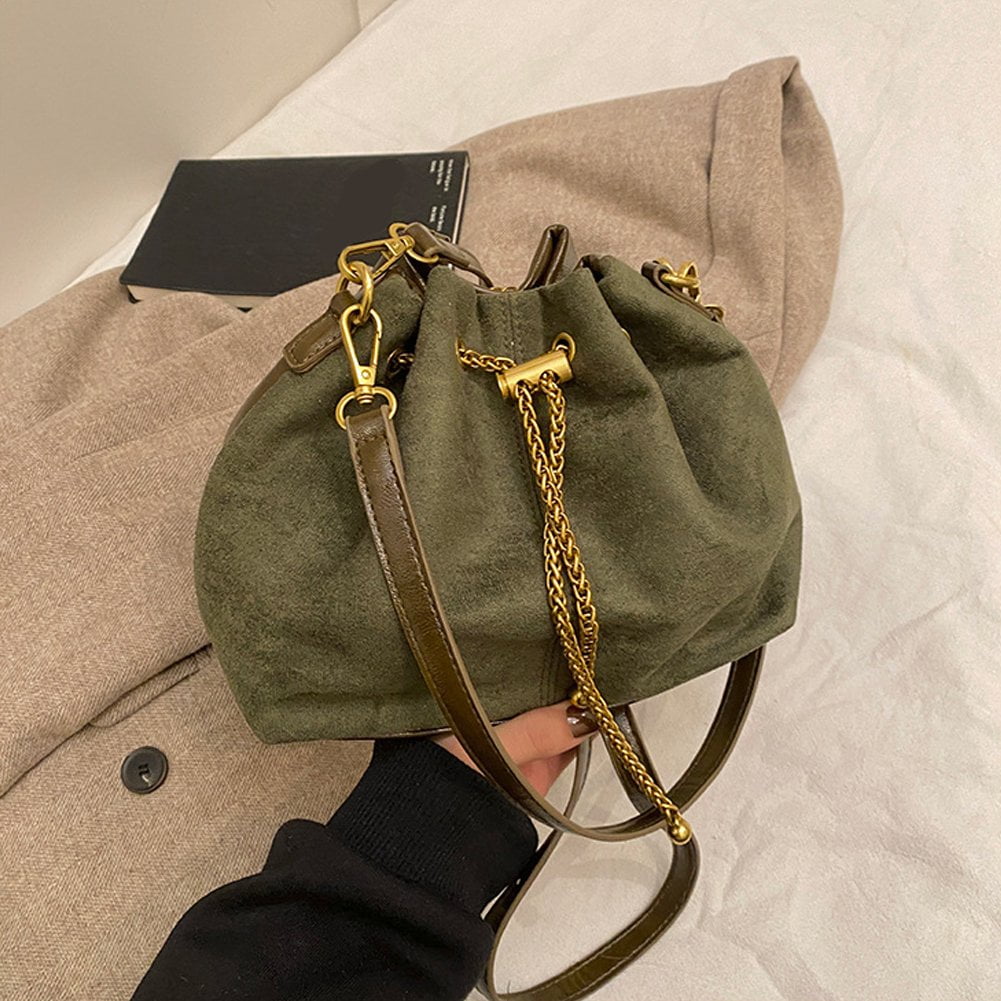 Jiibva Soft Suede Crossbody Bags Drawstring Bucket Purse For Women Thread String Women's Handbags